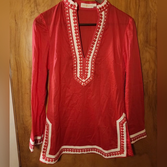 Tory Birch 0 Coral Red Tassle Cruise Nautical Breezy Side Zip Women's Tunic Top - Picture 1 of 11